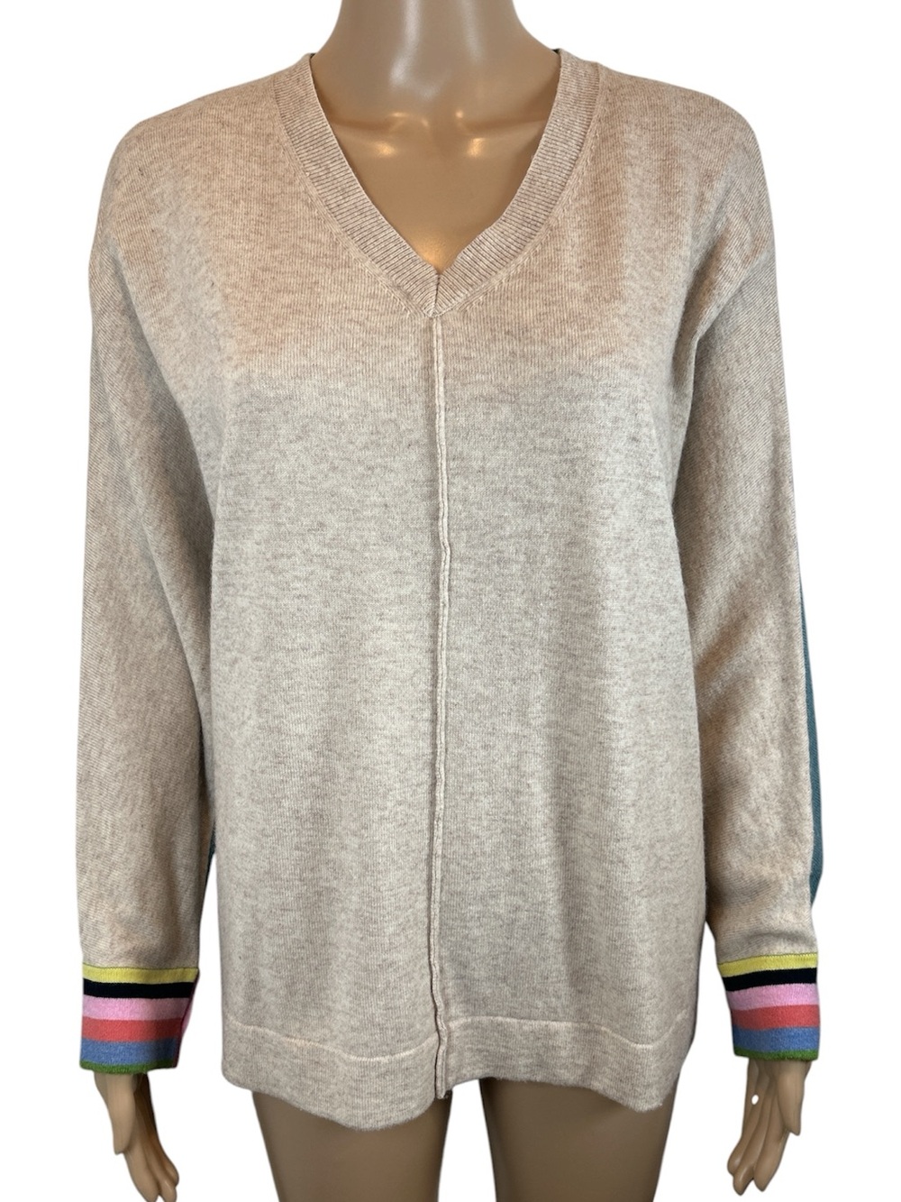 Villagallo Women’s V-Neck Sweater with Color-Strip Cuffs size L